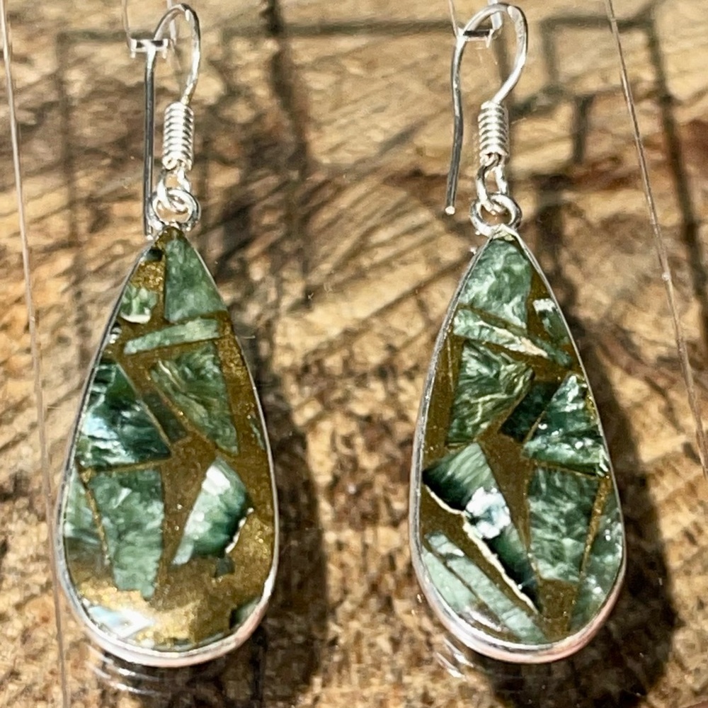 Silver Sheen Seraphinite in Copper Earrings 1 7/8”